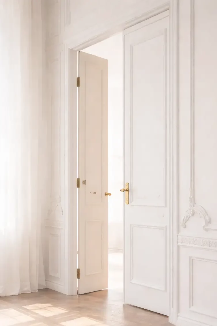 Porta bianca socchiusa in una stanza luminosa con tende leggere e pavimento in legno, simbolo di passaggio e nuova possibilità.