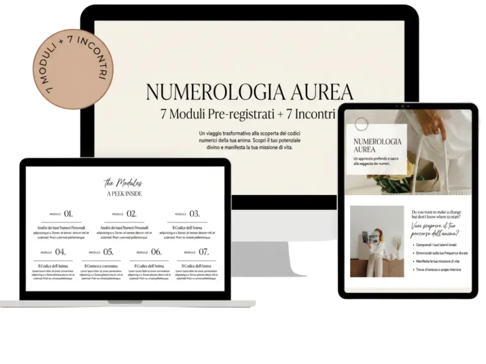 Mockup del corso Numerologia Aurea – Formazione professionale per Operatori in Numerologia Aurea con moduli su numerologia pitagorica, mappa numerologica, cicli della vita e consulenza numerologica.